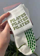 Load image into Gallery viewer, "PILATES PILATES PILATES" BEIGE / GREEN GRIP SOCKS