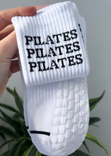 Load image into Gallery viewer, &quot;PILATES PILATES PILATES&quot; WHITE GRIP SOCKS
