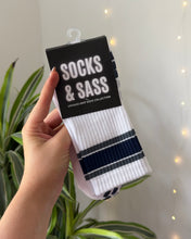 Load image into Gallery viewer, "UNISASS" MENS GRIP SOCKS - WHITE / NAVY (size 6-12)