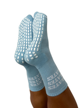 Load image into Gallery viewer, "PILATES PILATES PILATES" BLUE GRIP SOCKS