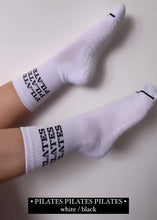 Load and play video in Gallery viewer, &quot;PILATES PILATES PILATES&quot; WHITE GRIP SOCKS
