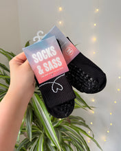 Load image into Gallery viewer, "GRIP ON MY HEART" MID-CREW BLACK GRIP SOCKS
