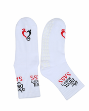 Load image into Gallery viewer, &quot;THE DEVIL WEARS SASS&quot; MID-CREW GRIP SOCKS
